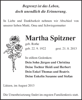Traueranzeige von Martha Spitzner von Super Sonntag Merseburg