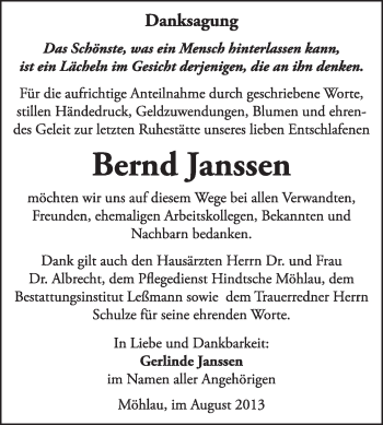 Traueranzeige von Bernd Janssen von WVG - Wochenspiegel Wittenberg