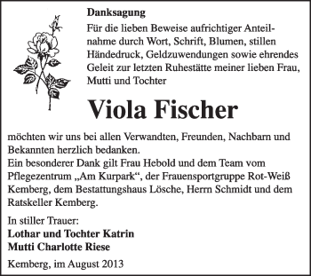 Traueranzeige von Viola Fischer von WVG - Wochenspiegel Wittenberg