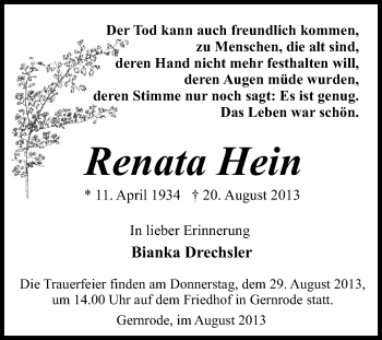 Traueranzeige von Renata Hein von WVG - Wochenspiegel Quedlinburg