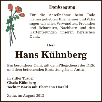 Traueranzeige von Hans Kühnberg von Super Sonntag Zeitz