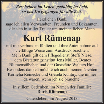 Traueranzeige von Kurt Rümenap von Super Sonntag Aschersleben