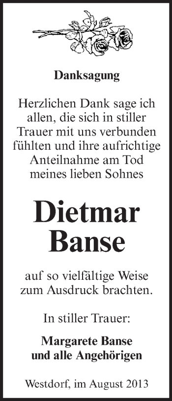 Traueranzeige von Dietmar Banse von Super Sonntag Aschersleben