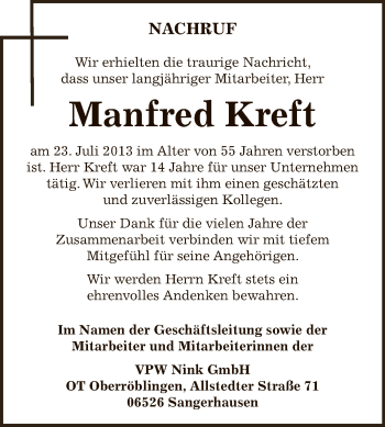Traueranzeige von Manfred Kreft von WVG - Wochenspiegel SGH