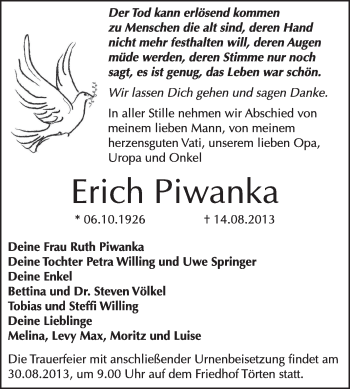 Traueranzeige von Erich Piwanka von Super Sonntag Dessau / Köthen