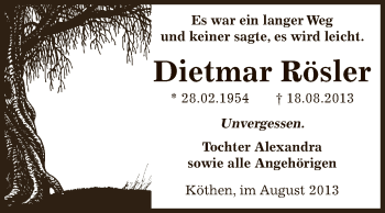 Traueranzeige von Dietmar Rösler von WVG - Wochenspiegel Dessau / Köthen