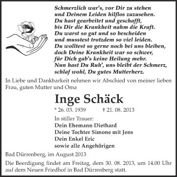 Traueranzeige von Inge Schäck von Super Sonntag Merseburg