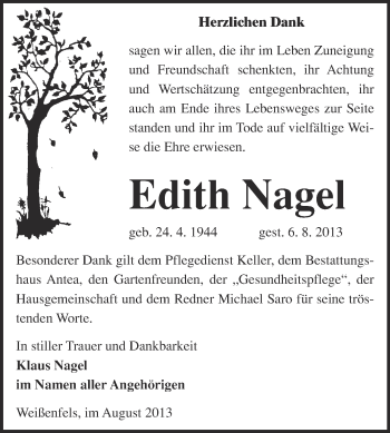 Traueranzeige von Edith Nagel von WVG - Wochenspiegel NMB / WSF / ZTZ