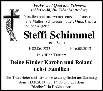 Traueranzeige von Steffi Schimmel von Super Sonntag Dessau / Köthen