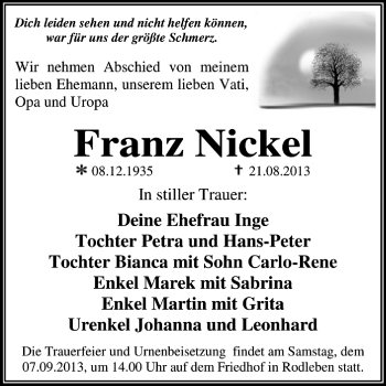 Traueranzeige von Franz Nickel von Super Sonntag Dessau / Köthen