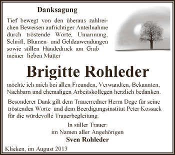 Traueranzeige von Brigitte Rohleder von WVG - Wochenspiegel Dessau / Köthen