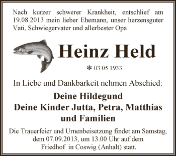 Traueranzeige von Heinz Held von WVG - Wochenspiegel Dessau / Köthen