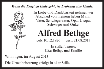 Traueranzeige von Alfred Bethge von WVG - Wochenspiegel Aschersleben