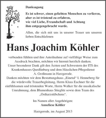 Traueranzeige von Hans Joachim Köhler von Super Sonntag Quedlinburg