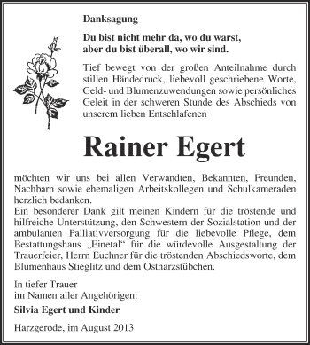 Traueranzeige von Rainer Egert von Super Sonntag Quedlinburg