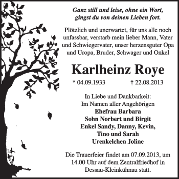 Traueranzeige von Karlheinz Roye von Super Sonntag Dessau / Köthen