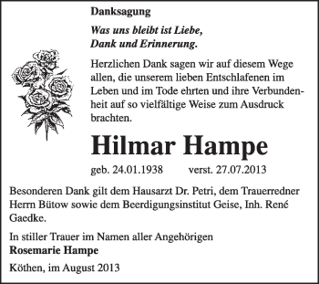 Traueranzeige von Hilmar Hampe von Super Sonntag Dessau / Köthen