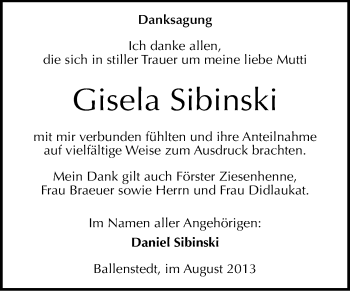 Traueranzeige von Gisela Sibinski von WVG - Wochenspiegel Quedlinburg