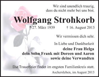 Traueranzeige von Wolfgang Strohkorb von WVG - Wochenspiegel Quedlinburg