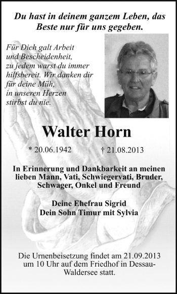 Traueranzeige von Walter Horn von Super Sonntag Dessau / Köthen