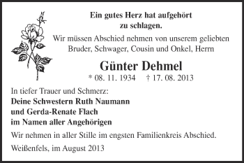 Traueranzeige von Günter Dehmel von WVG - Wochenspiegel NMB / WSF / ZTZ
