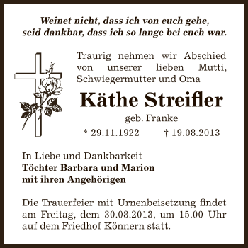 Traueranzeige von Käthe Streifler von Super Sonntag Bernburg