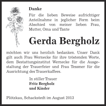 Traueranzeige von Gerda Bergholz von Super Sonntag SGH Mansf. Land