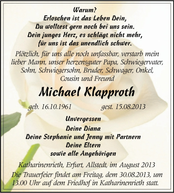 Traueranzeige von Michael Klapproth von WVG - Wochenspiegel SGH