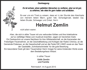 Traueranzeige von Helmut Zemlin von Super Sonntag Zeitz