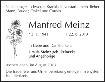 Traueranzeige von Manfred Meinz von Super Sonntag Aschersleben