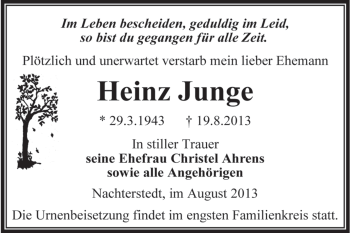 Traueranzeige von Heinz Junge von WVG - Wochenspiegel Aschersleben