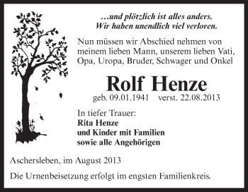 Traueranzeige von Rolf Henze von Super Sonntag Aschersleben