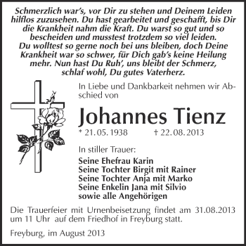 Traueranzeige von Johannes Tienz von WVG - Wochenspiegel NMB / WSF / ZTZ