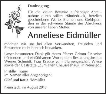 Traueranzeige von Anneliese Eidmüller von WVG - Wochenspiegel Quedlinburg