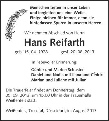 Traueranzeige von Hans Reifarth von WVG - Wochenspiegel NMB / WSF / ZTZ