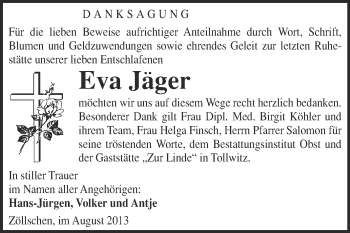 Traueranzeige von Eva Jäger von Super Sonntag Merseburg