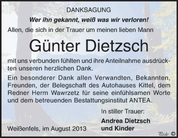 Traueranzeige von Günter Dietzsch von WVG - Wochenspiegel NMB / WSF / ZTZ