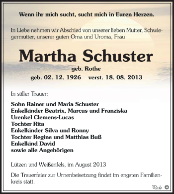 Traueranzeige von Martha Schuster von WVG - Wochenspiegel NMB / WSF / ZTZ