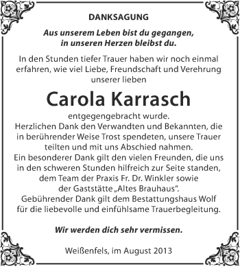 Traueranzeige von Carola Karrasch von WVG - Wochenspiegel NMB / WSF / ZTZ
