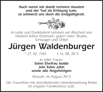 Traueranzeige von Jürgen Waldenburger von WVG - Wochenspiegel NMB / WSF / ZTZ