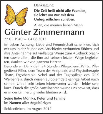 Traueranzeige von Günter Zimmermann von WVG - Wochenspiegel NMB / WSF / ZTZ