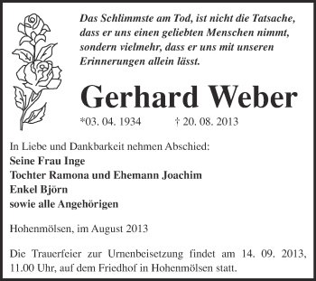 Traueranzeige von Gerhard Weber von WVG - Wochenspiegel NMB / WSF / ZTZ