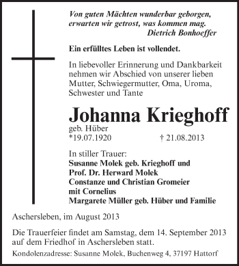 Traueranzeige von Johanna Krieghoff von WVG - Wochenspiegel Aschersleben