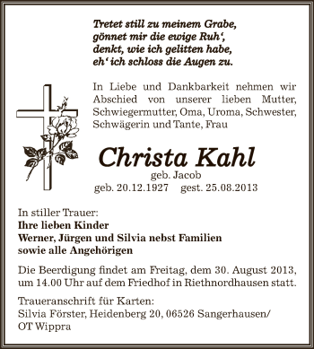 Traueranzeige von Christa Kahl von Wochenspiegel Mansfelder Land