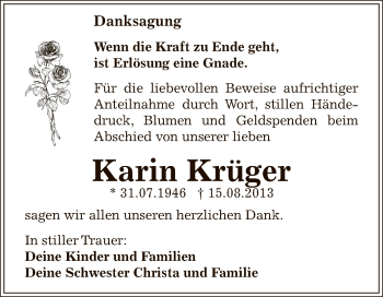 Traueranzeige von Karin Krüger von WVG - Wochenspiegel Bitterfeld