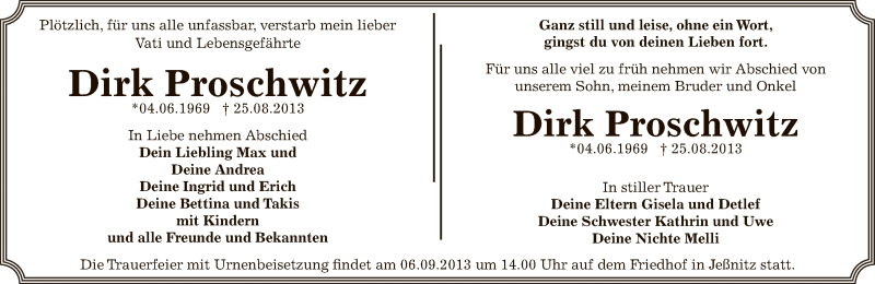  Traueranzeige für Dirk Proschwitz vom 28.08.2013 aus WVG - Wochenspiegel Bitterfeld