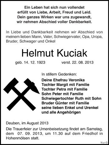 Traueranzeige von Helmut Kuciak von WVG - Wochenspiegel NMB / WSF / ZTZ