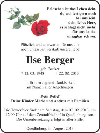 Traueranzeige von Ilse Berger von WVG - Wochenspiegel Quedlinburg