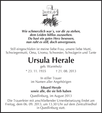 Traueranzeige von Ursula Herale von WVG - Wochenspiegel Quedlinburg