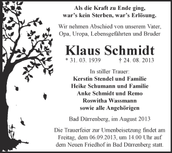 Traueranzeige von Klaus Schmidt von Super Sonntag Merseburg
